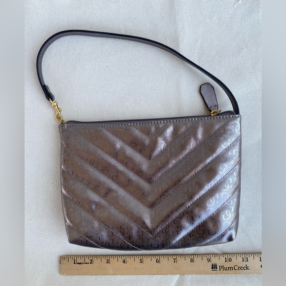 Like New Guess Shimmering Metallic Silver Bronze Quilted Monogram Shoulder Bag - Picture 2 of 5